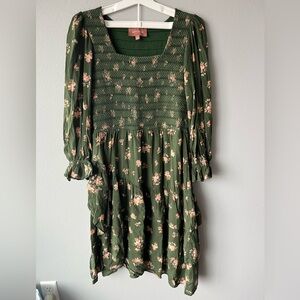 Jessakae olive green pink floral smocked ruffled skirt midi dress Women’s sz XL